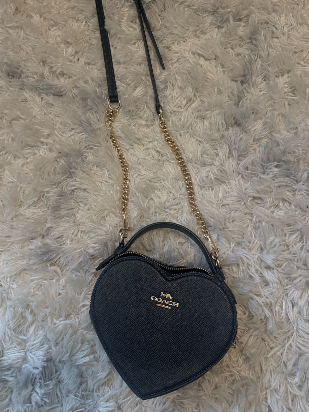Coach Black Heart-Shaped Crossbody with Gold Chain Strap